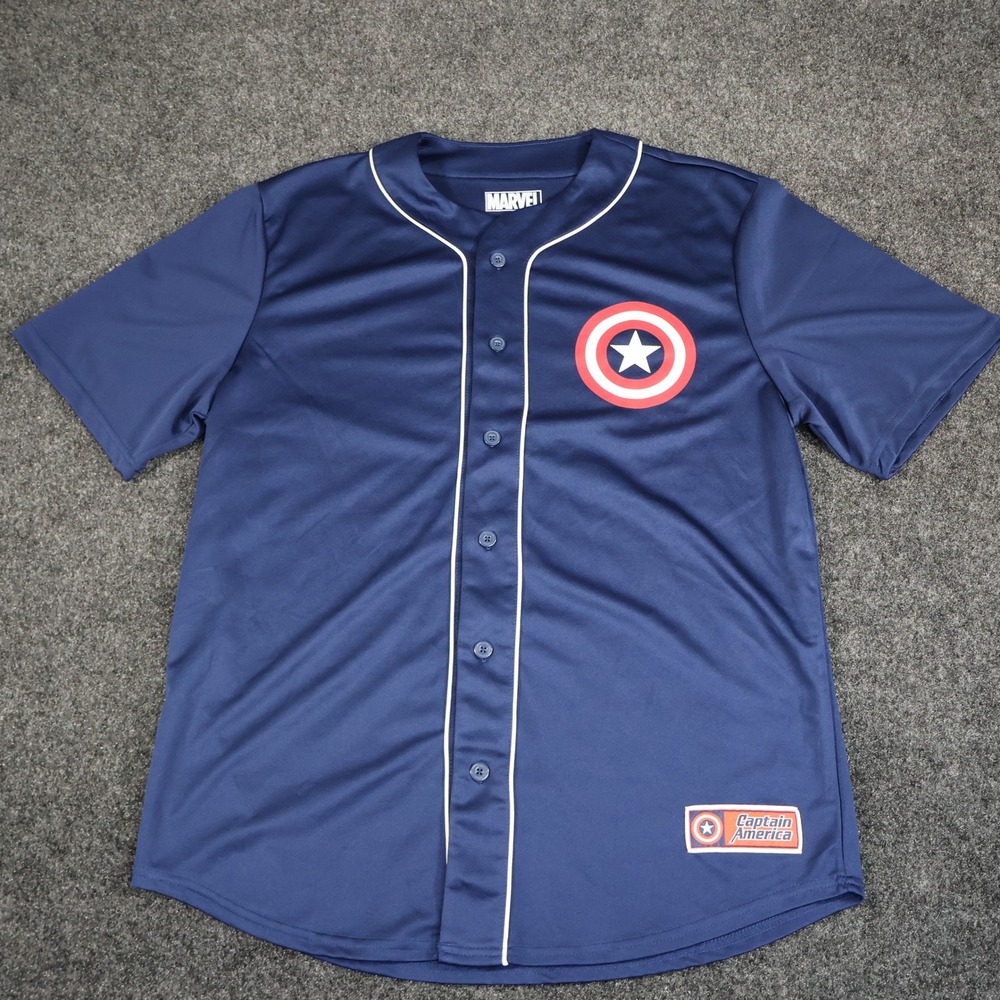 Marvel Captain America Baseball Jersey Navy Blue Button Up Shirt Mens Large